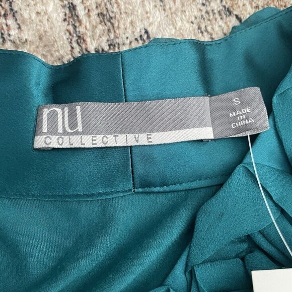 Nordstrom NU Collective NWT Ruffle Silk Blouse S Teal Blue V-neck Tie Waist $174 - Picture 5 of 9
